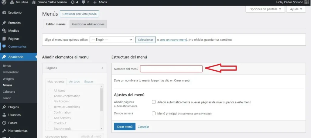 Crear y Configurar menús de WordPress