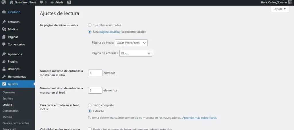 Ajustes de Lectura - Configuración Inicial de WordPress