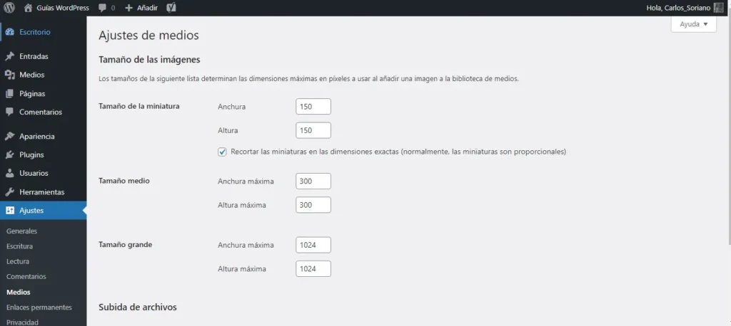 Ajustes de Medios - Configuración Inicial de WordPress