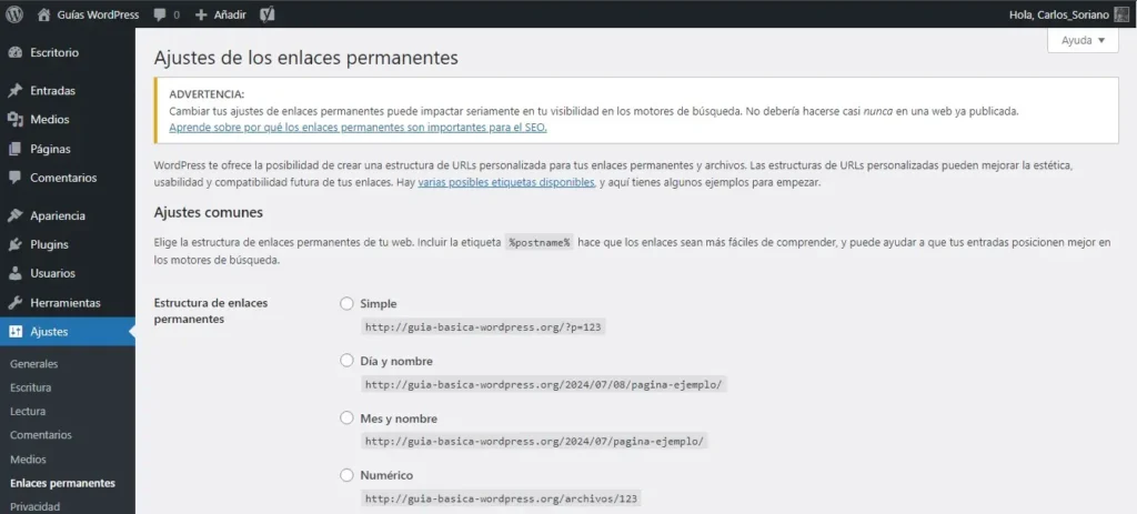 Ajustes Permanentes - Configuración Inicial de WordPress