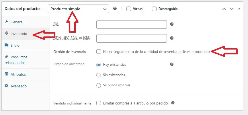 Configuración de Inventario por Producto