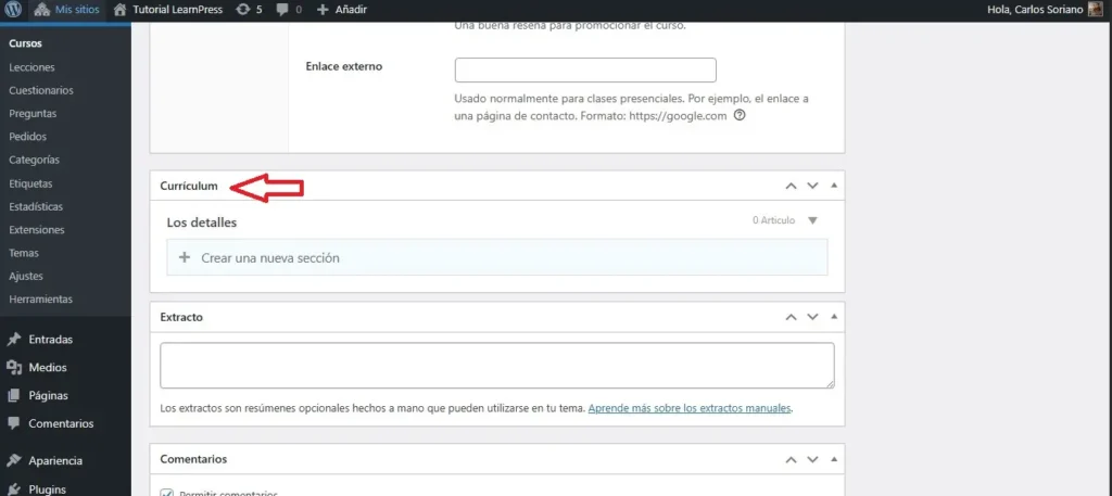 Configurar el Contenido del Curso (Curriculum) en el editor clásico de WordPress