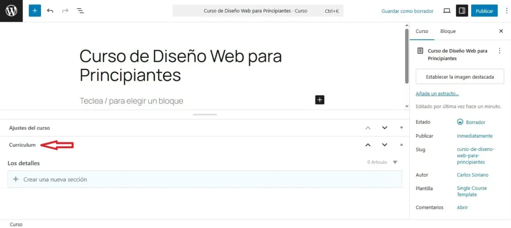 Configurar el Contenido del Curso (Curriculum) en Gutenberg