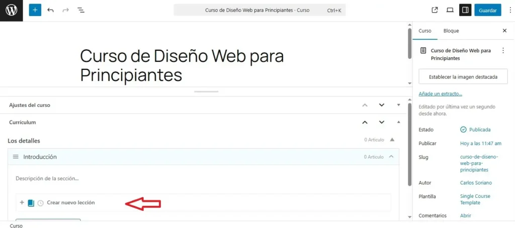 Crear Lección en Gutenberg Crear Lección en Gutenberg. Crear Cursos con LearnPress.