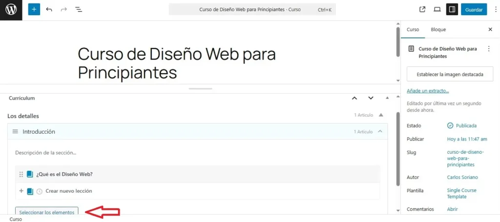Seleccionar Elementos en Gutenberg Seleccionar Elementos en Gutenberg. Crear Cursos con LearnPress.