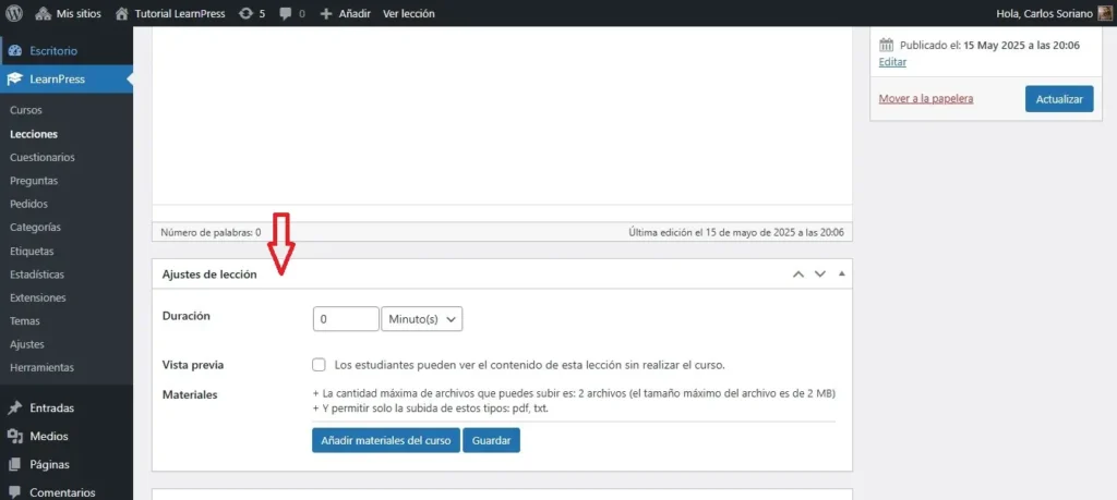 Ajustes de Lección en el editor clásico Ajustes de Lección en el editor clásico