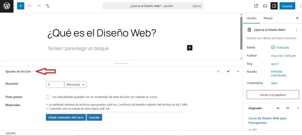 Ajustes de Lección en Gutenberg Ajustes de Lección en Gutenberg