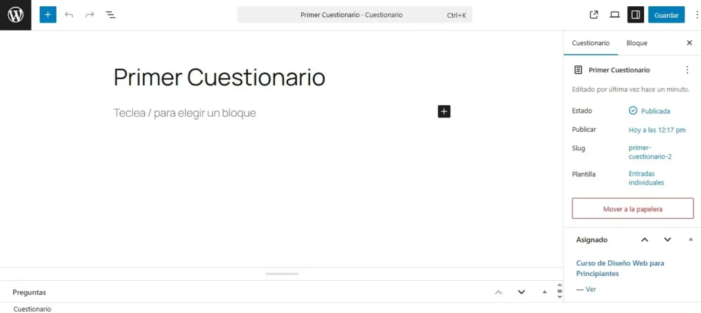Configurar Cuestionario en Gutenberg Configurar Cuestionario en Gutenberg