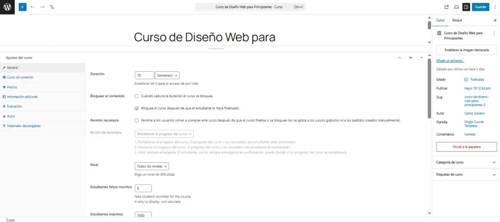 Ajustes Generales del Curso en Gutenberg Ajustes Generales del Curso en Gutenberg