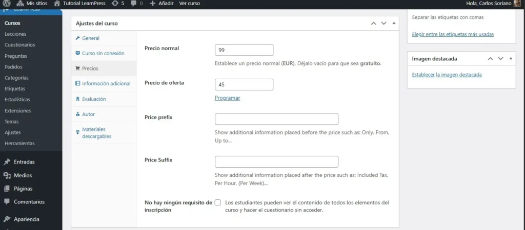 Precio del curso en el editor clásico Precio del curso en el editor clásico