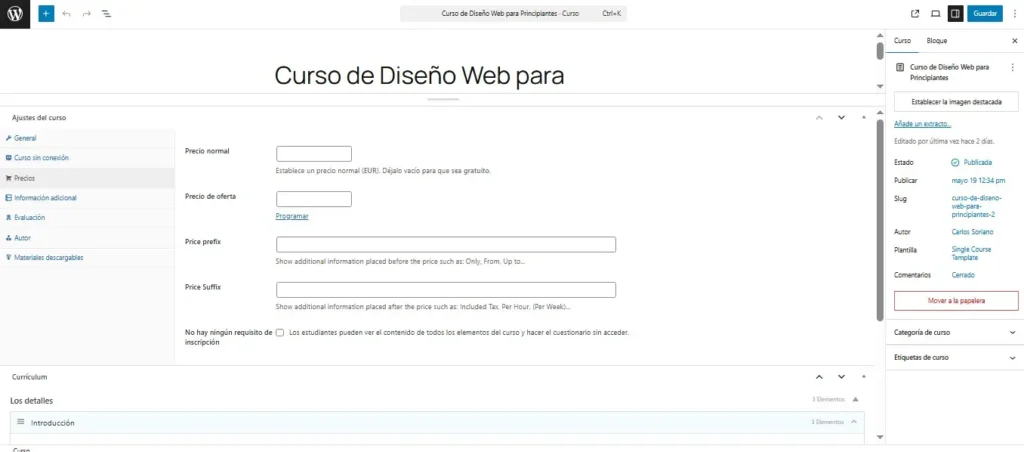 Precio del curso en Gutenberg Precio del curso en Gutenberg