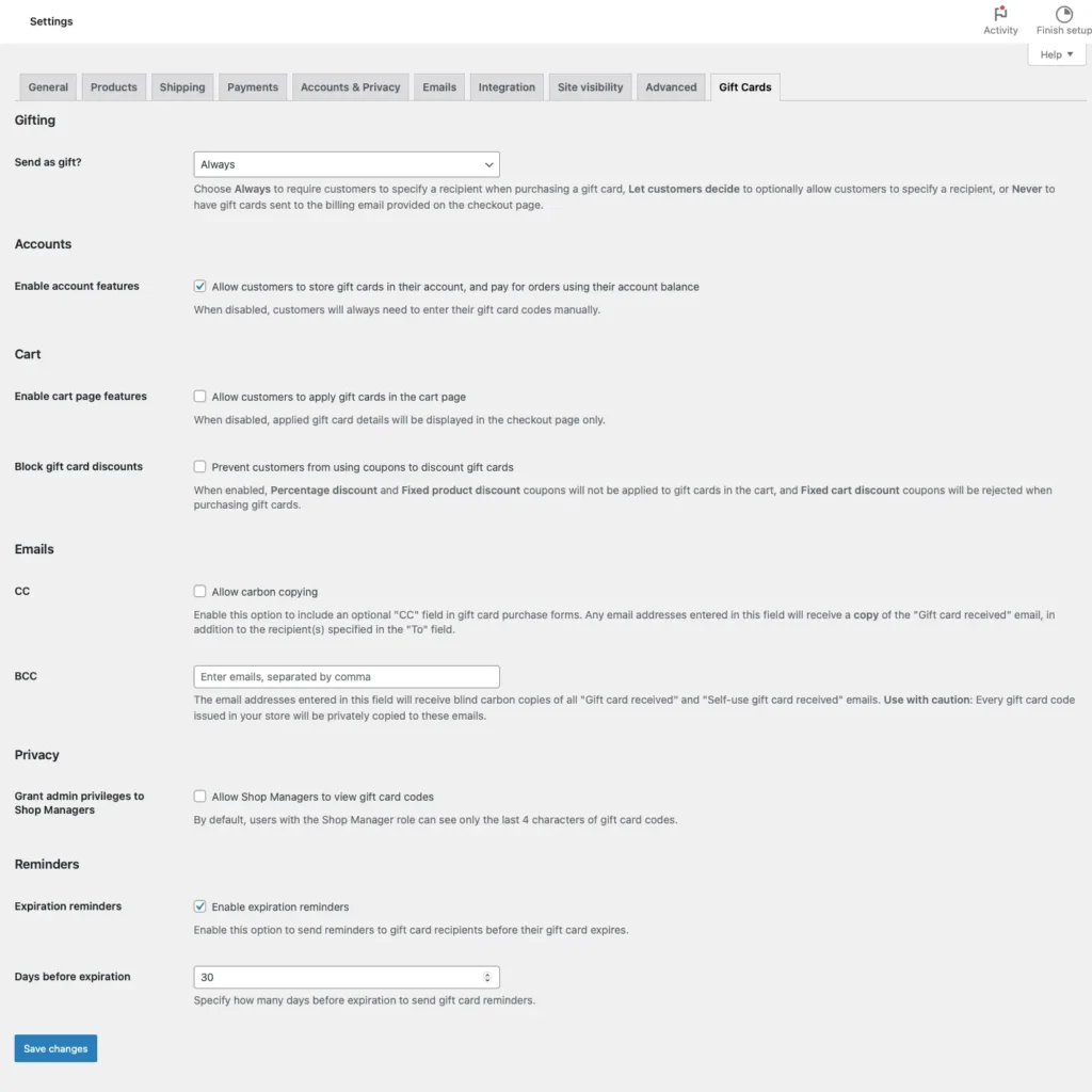 Configuración de WooCommerce Gift Cards.