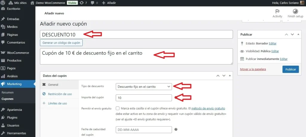 Añadir Código de Cupón y descripción