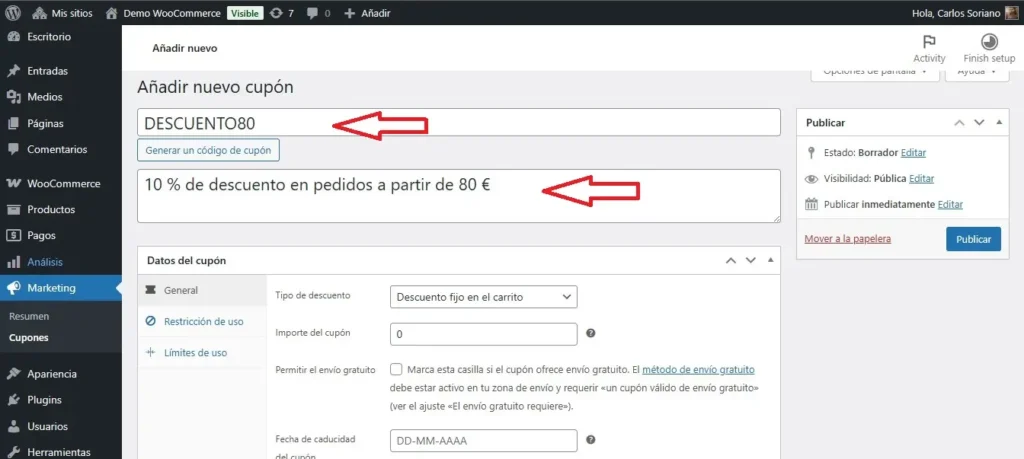 Añadir código y descripción del cupón.