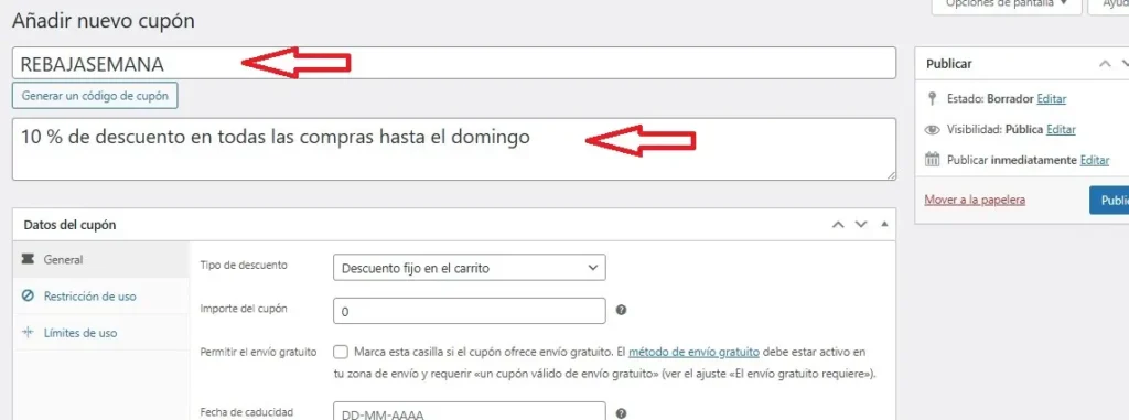Código y Descripción del cupón