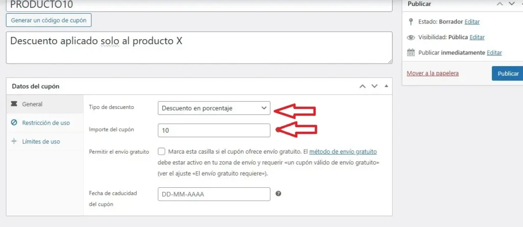 Selecciona el tipo de descuento y el importe.