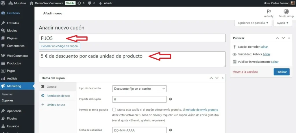 Introducir código de cupón y descripción.