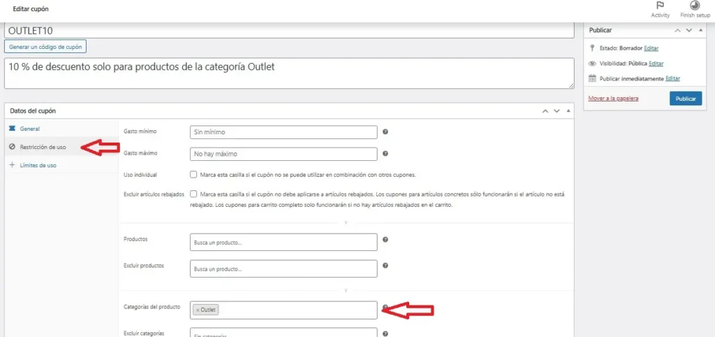 Añade el código del cupón y la descripción