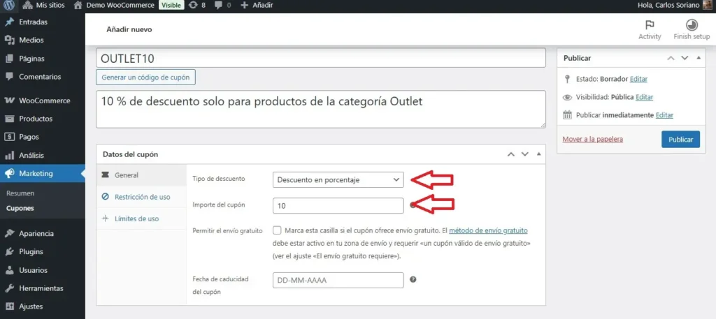 Establece el tipo de cupón y el descuento
