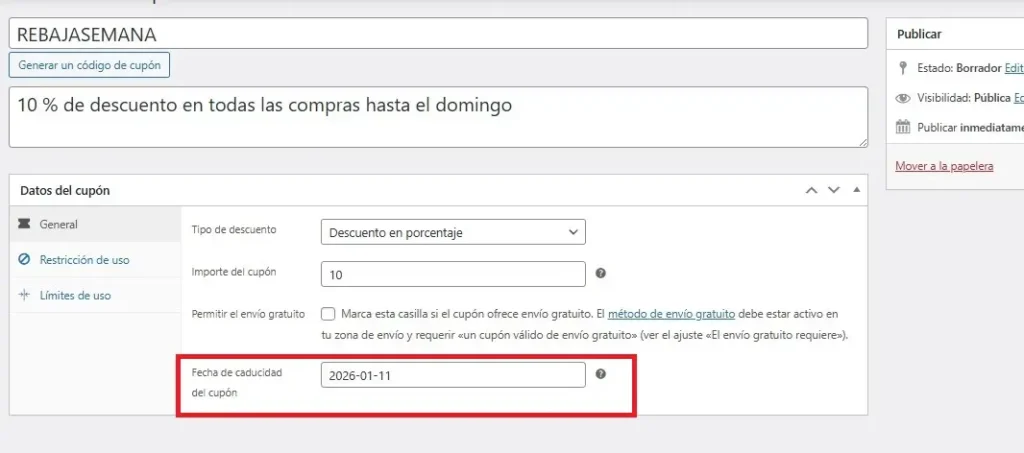 Fecha de caducidad seleccionada
