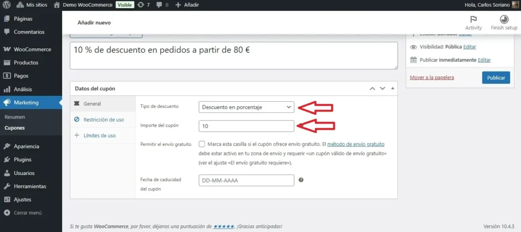 Cambiar tipo de descuento a porcentaje y el porcentaje de descuento.
