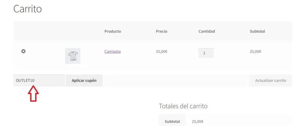 Probar el cupón con un producto de la categoría Outlet