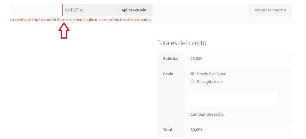 Comprobar que el cupón no se aplica.