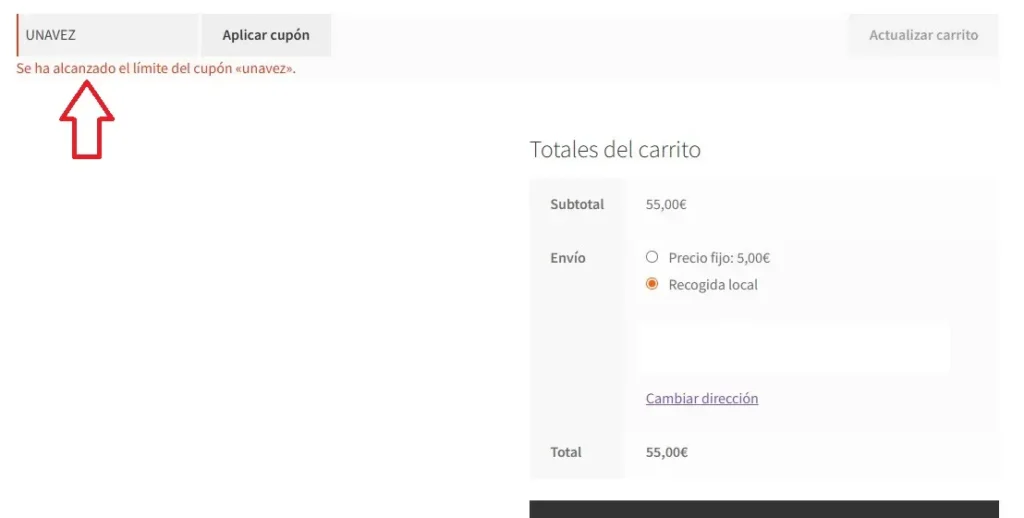 Vuelve a añadir productos al carrito e introduce de nuevo el código del cupón. Verás que ya no se puede usar. Vuelve a añadir productos al carrito e introduce de nuevo el código del cupón. Verás que ya no se puede usar.