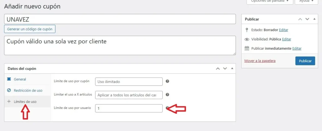 En la pestaña Limites de uso, añade 1 en el campo límite de uso por usuario En la pestaña Limites de uso, añade 1 en el campo límite de uso por usuario