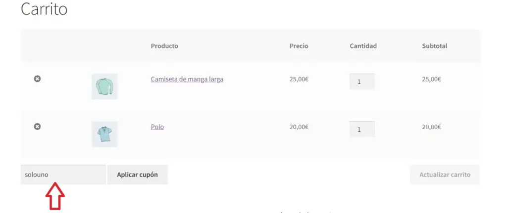 Probar el cupón de uso individual en el carrito.