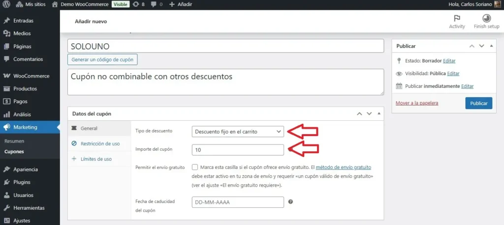 Seleccionar tipo de descuento e importe